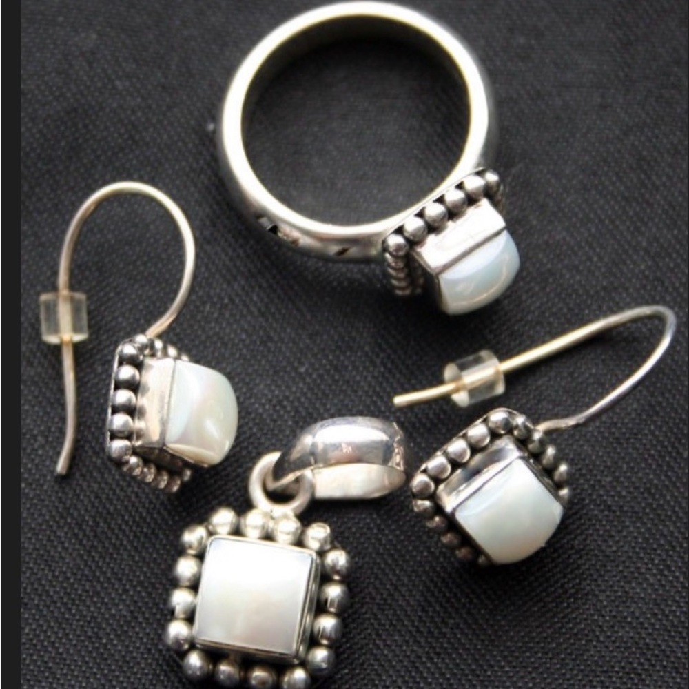 Silpada Silver Pearl Button Earrings, Pendent and Ring.